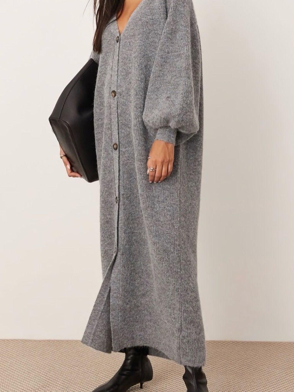 ASOS Knit Balloon Sleeve Oversized Gray Button Maxi Dress